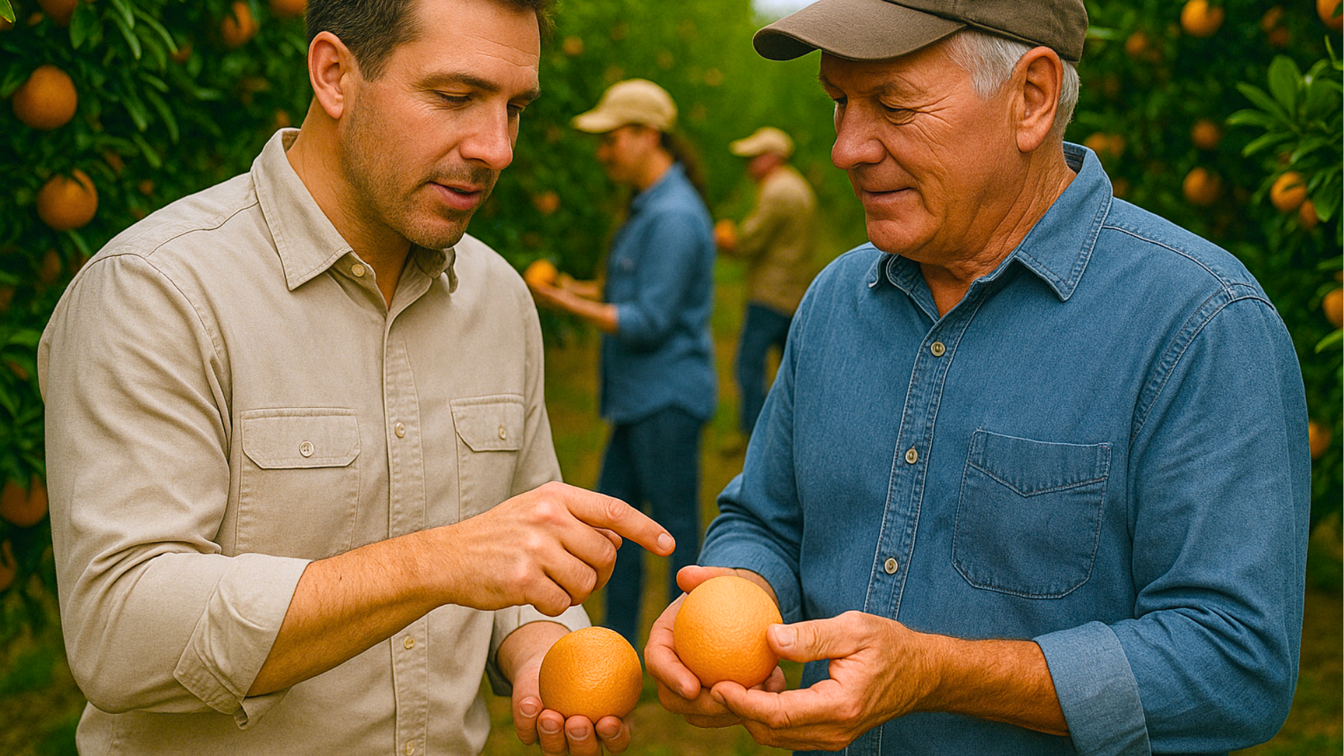 Agricultores inspeccionando naranjas recién recolectadas en plantación